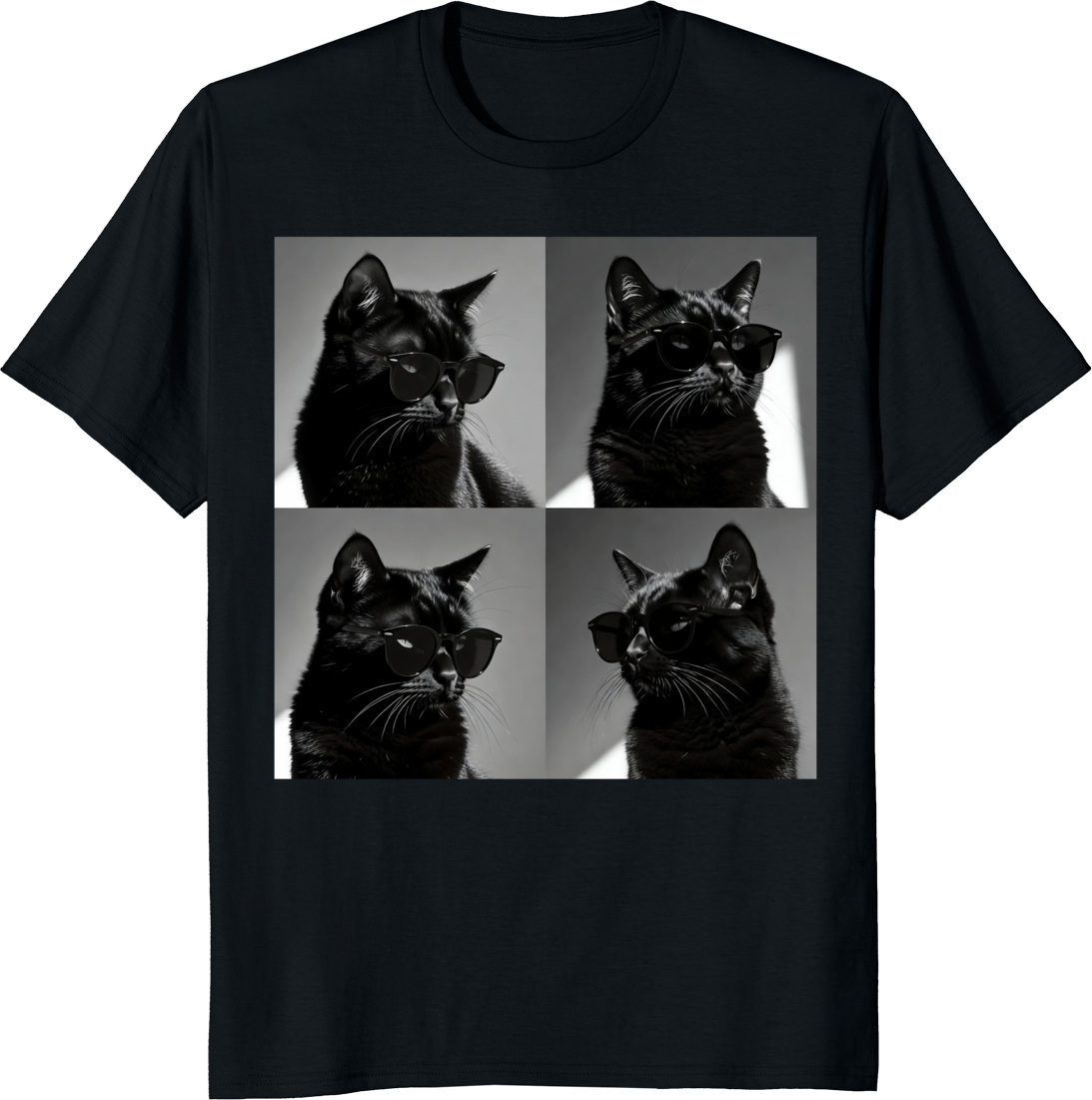 Funny black cat vintage photobooth selfie 4-panel art t-shirt design - black