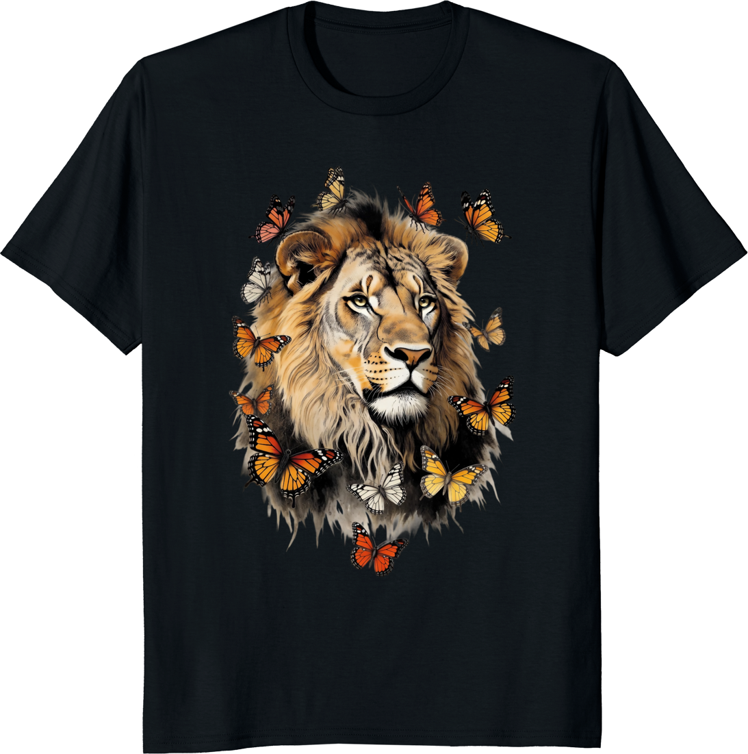 Unisex t-shirt featuring a retro graphic of a lion surrounded by butterflies - black