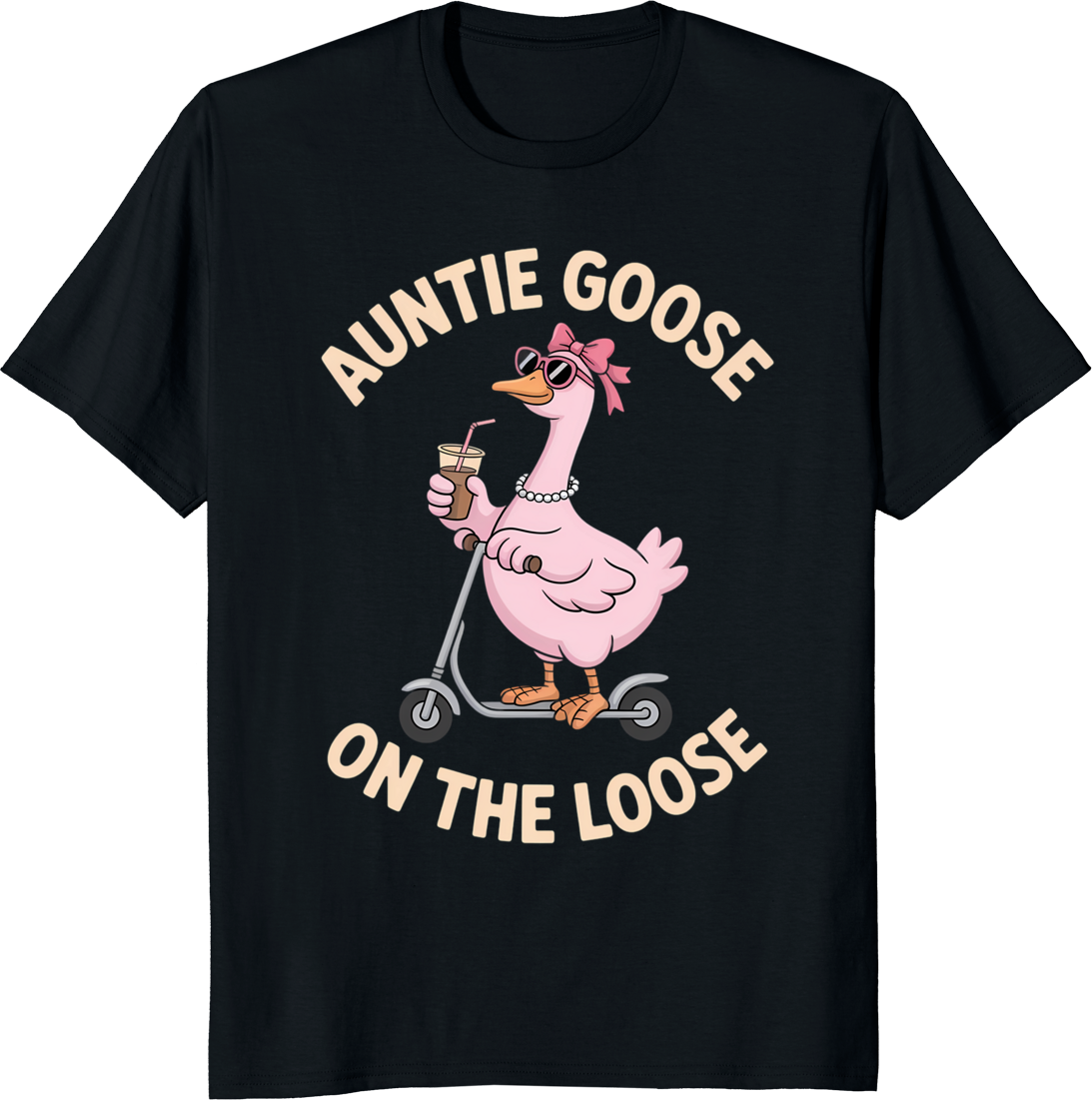 Cool Pink Auntie Goose riding a scooter on a t‑shirt - black