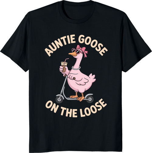Cool Pink Auntie Goose riding a scooter on a t‑shirt - black