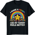 Rainbow star t-shirt with text 'I Made A Poopy And My Tummy Feels Better' - black