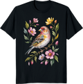 Cute bird graphic t-shirt with finch and flowers - black