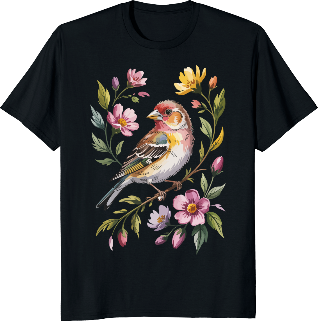 Cute bird graphic t-shirt with finch and flowers - black
