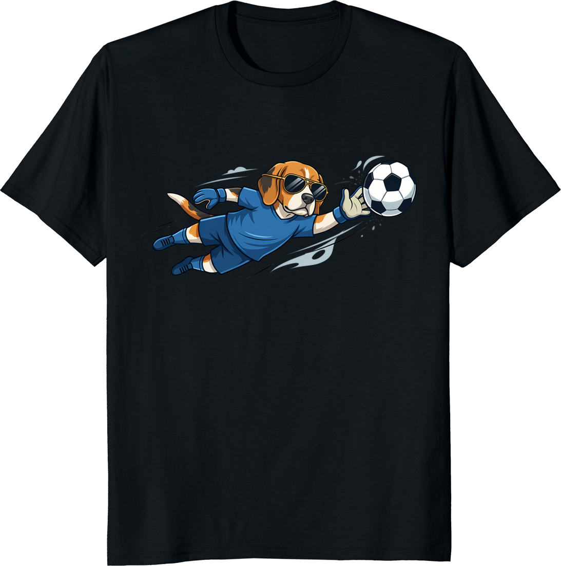Cartoon dog goalkeeper wearing sunglasses on a t-shirt - black