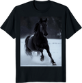 Black horse running across snowy terrain on a t‑shirt - black