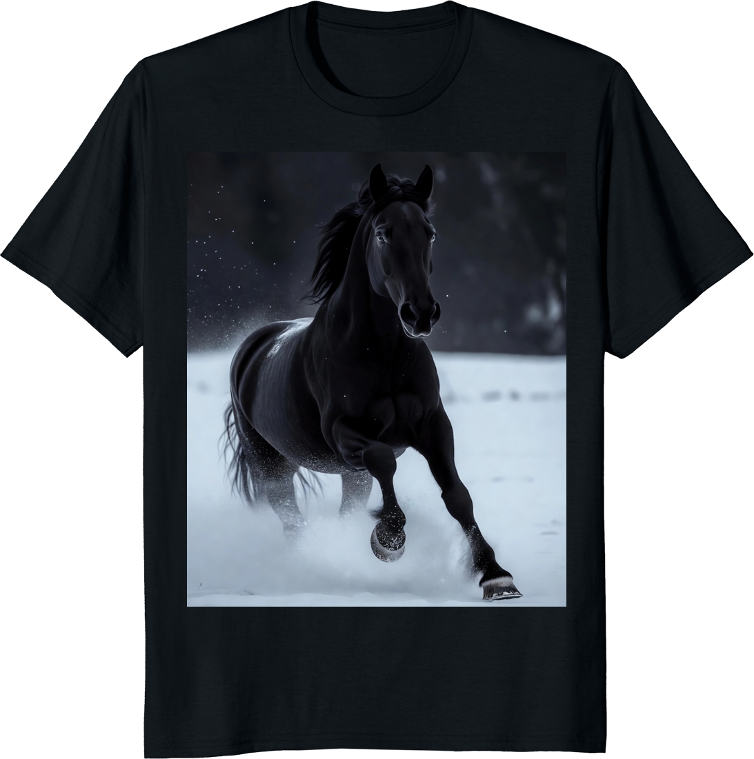Black horse running across snowy terrain on a t‑shirt - black