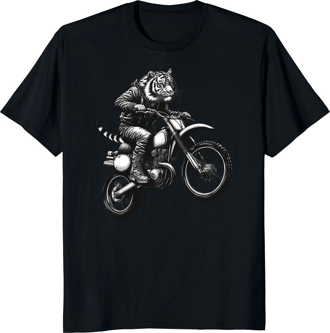 Funny vintage tiger riding a dirt bike on a motocross track – T-shirt design - black