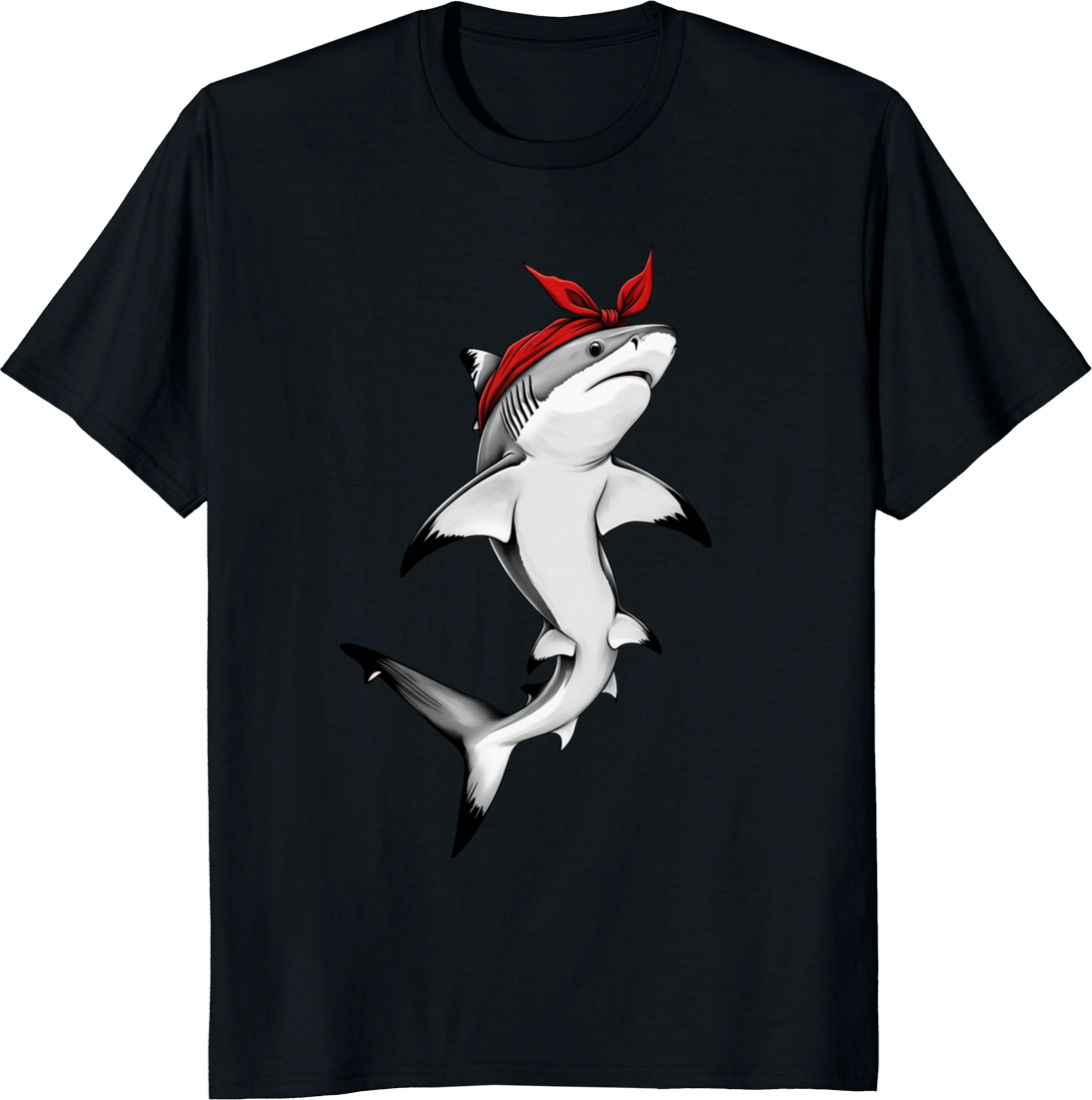 Shark wearing a red bow bandana on a T‑shirt - black