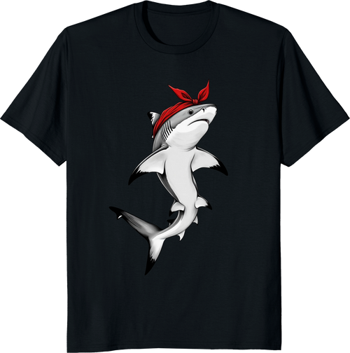 Shark wearing a red bow bandana on a T‑shirt - black