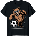Funny bear playing soccer on a t-shirt graphic - black