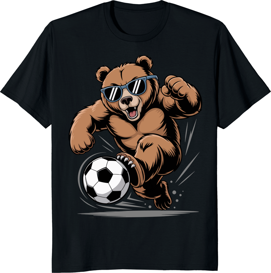 Funny bear playing soccer on a t-shirt graphic - black