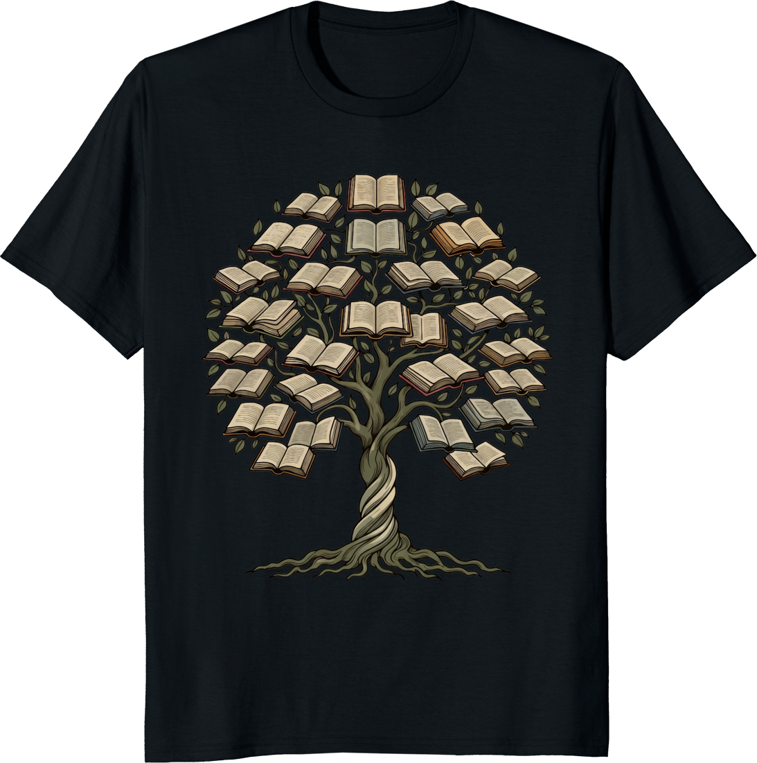 Book lover t-shirt featuring a tree growing from books on a soft cotton tee - black