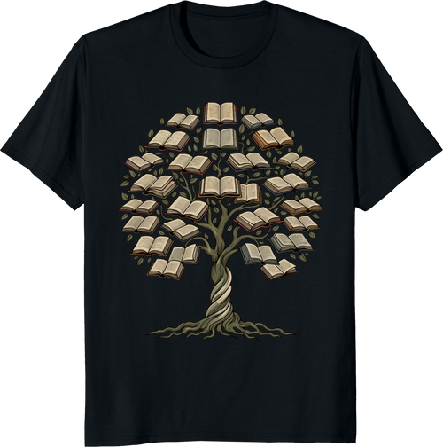 Book lover t-shirt featuring a tree growing from books on a soft cotton tee - black