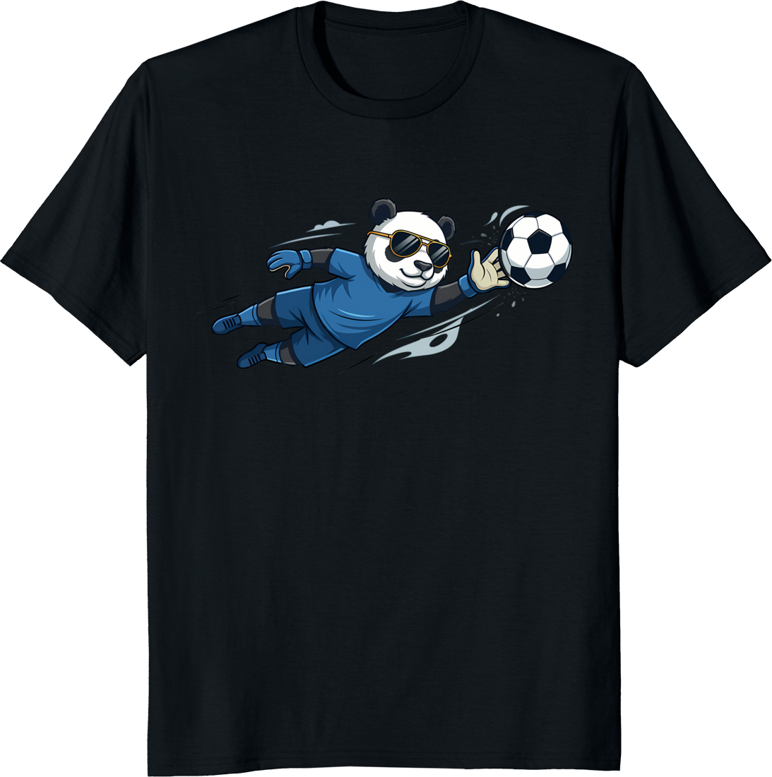 Cartoon panda wearing goalkeeper jersey and sunglasses on a t-shirt - black