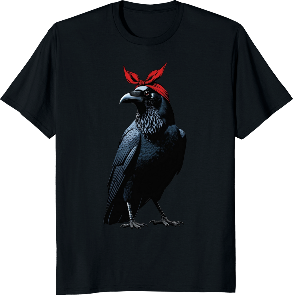 Crow mother wearing a red bow bandana on a t-shirt - black
