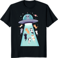Funny cats flying in a UFO retro space design on a T-shirt - black