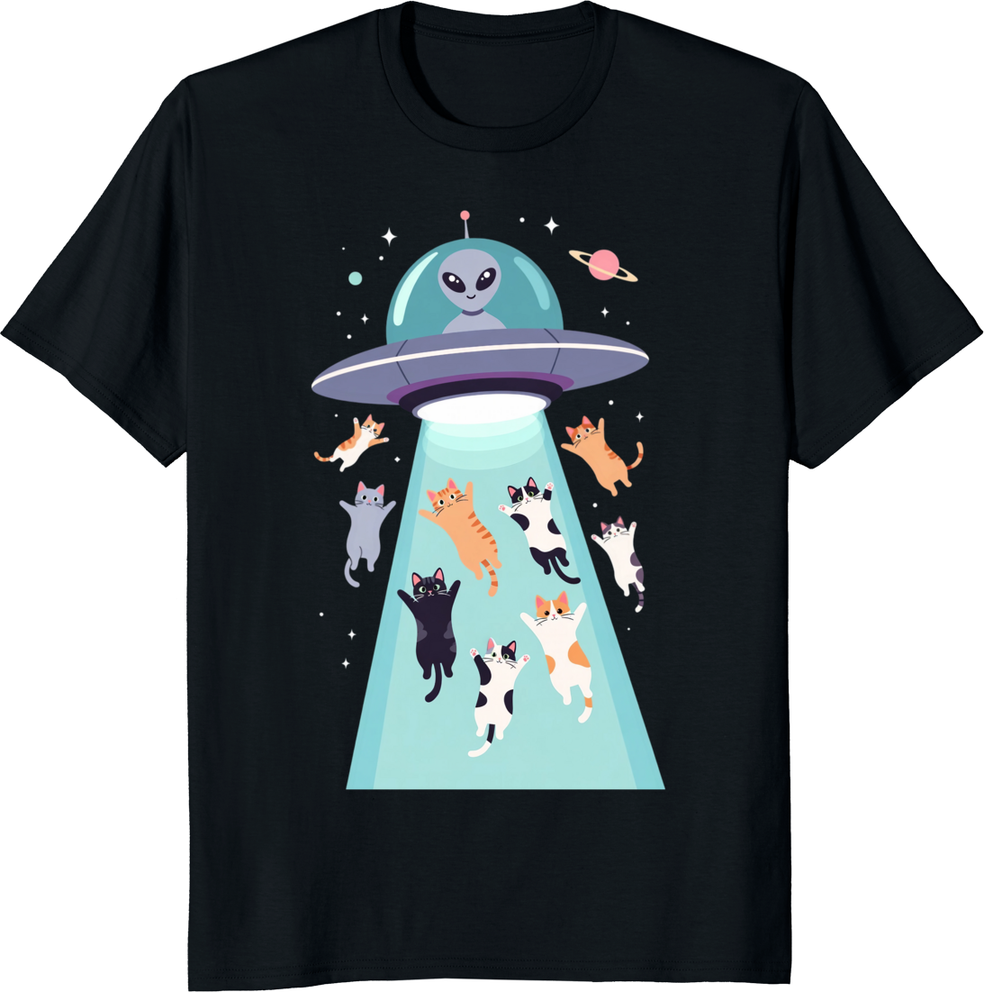 Funny cats flying in a UFO retro space design on a T-shirt - black