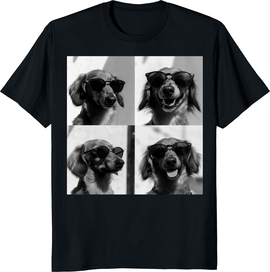 Unisex t-shirt featuring a Dachshund wearing sunglasses taking a selfie in a photobooth. - black