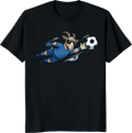 Cartoon goat wearing sunglasses playing soccer as a goalkeeper on a t-shirt - black