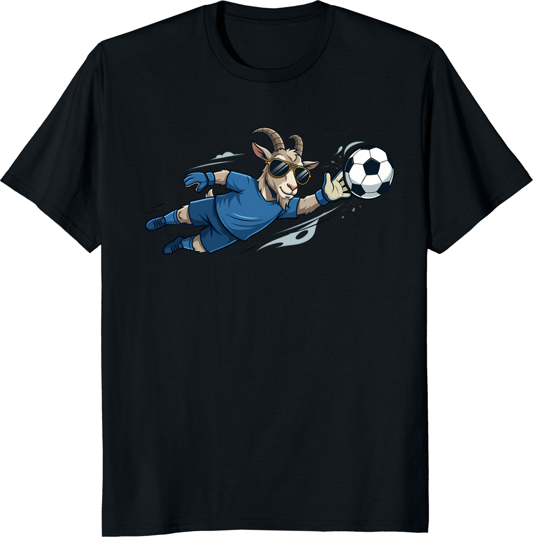 Cartoon goat wearing sunglasses playing soccer as a goalkeeper on a t-shirt - black