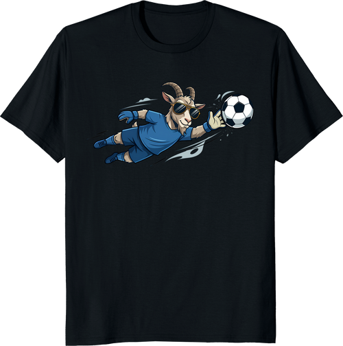 Cartoon goat wearing sunglasses playing soccer as a goalkeeper on a t-shirt - black