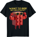 Red building block character with six-pack bricks t-shirt design - black