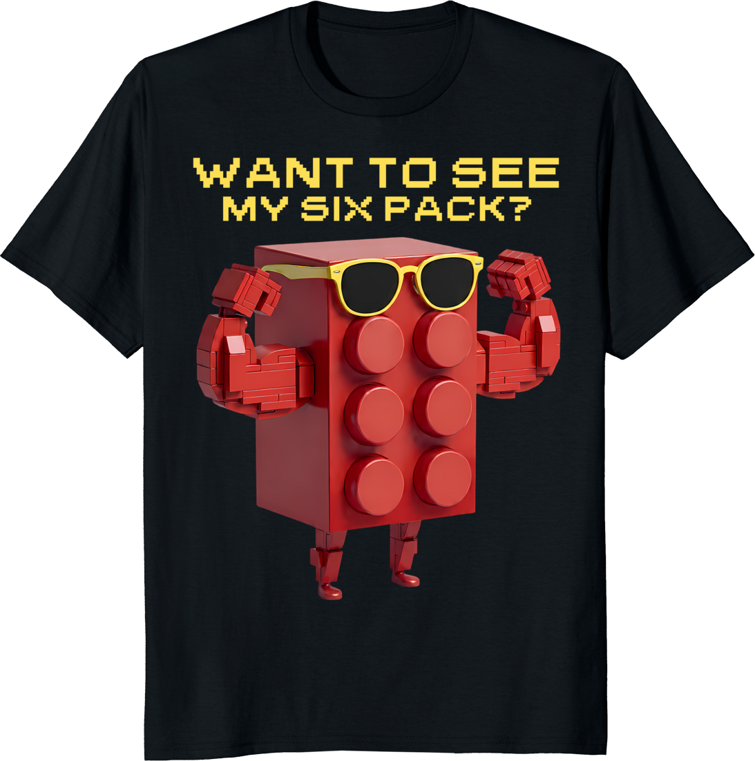 Red building block character with six-pack bricks t-shirt design - black