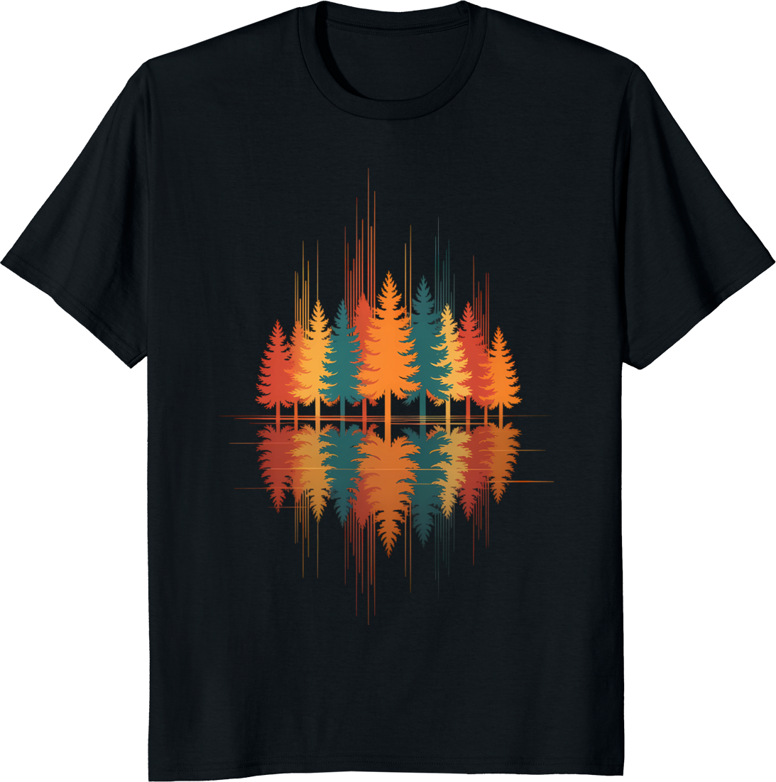 Retro pine forest graphic with lake reflection on a t-shirt - black