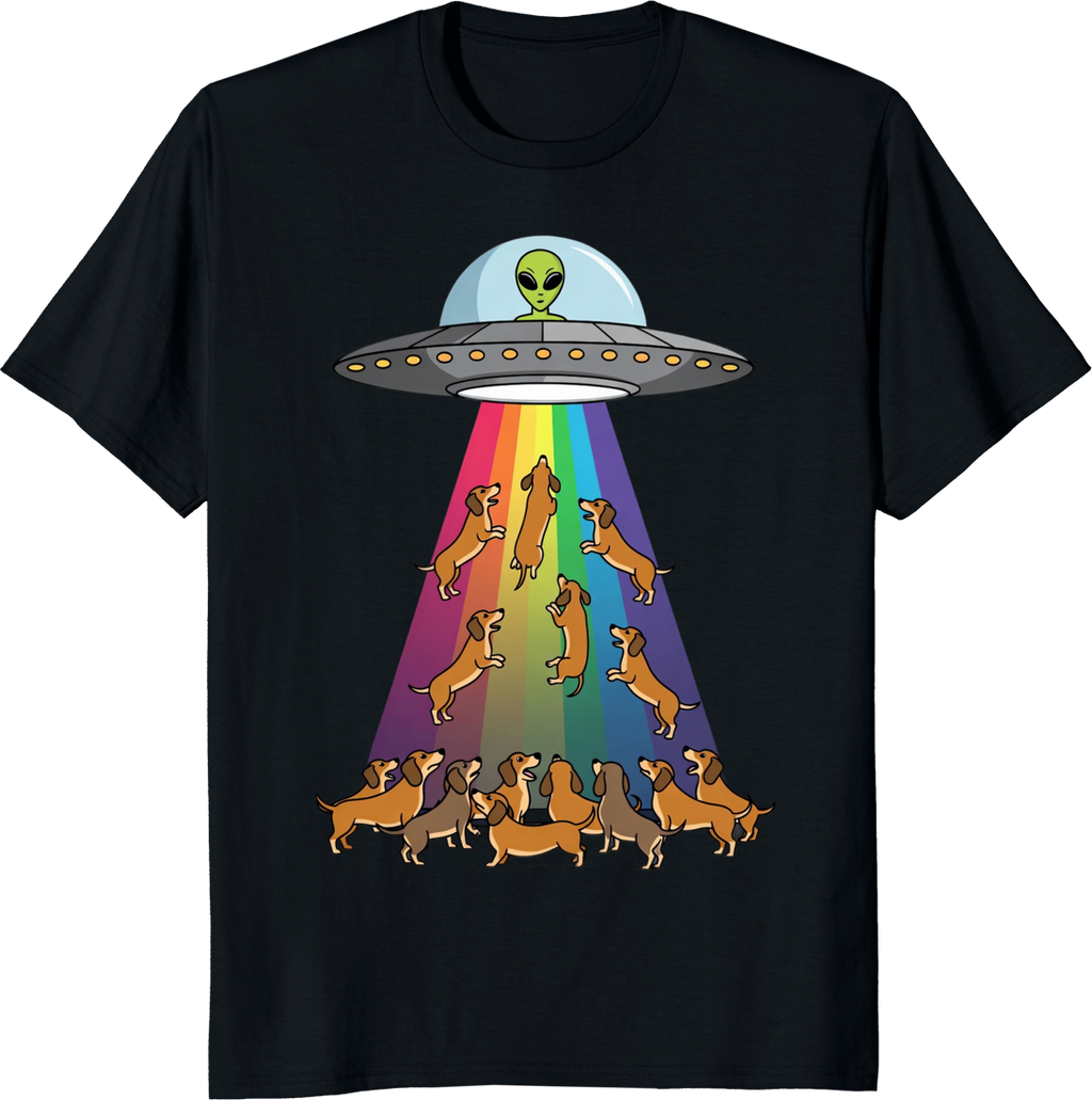 Funny dachshund with UFO rainbow graphic on a t-shirt - black