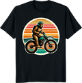 Bigfoot riding a dirtbike on a retro sunset background, printed on a T-shirt. - black