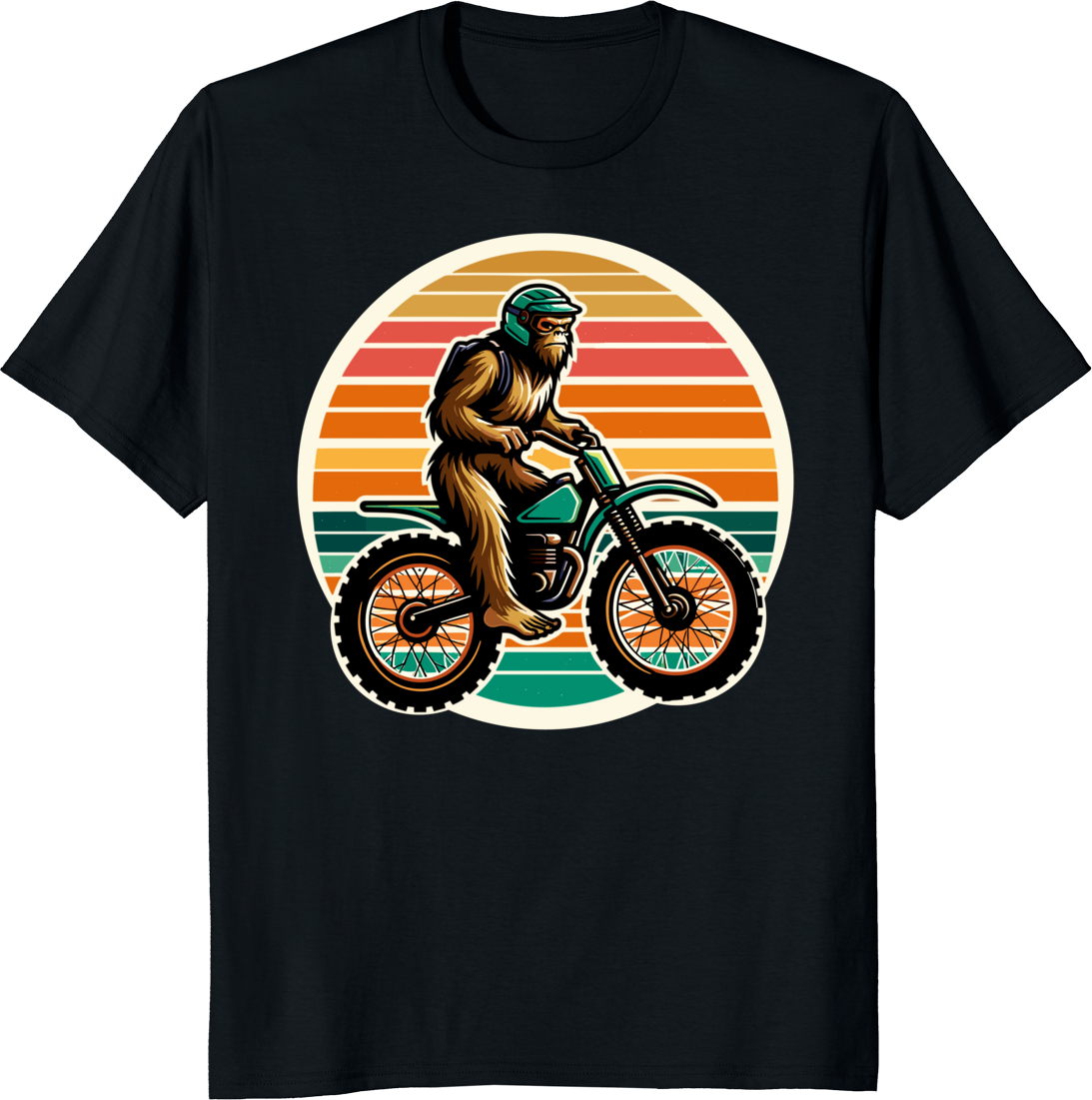 Bigfoot riding a dirtbike on a retro sunset background, printed on a T-shirt. - black