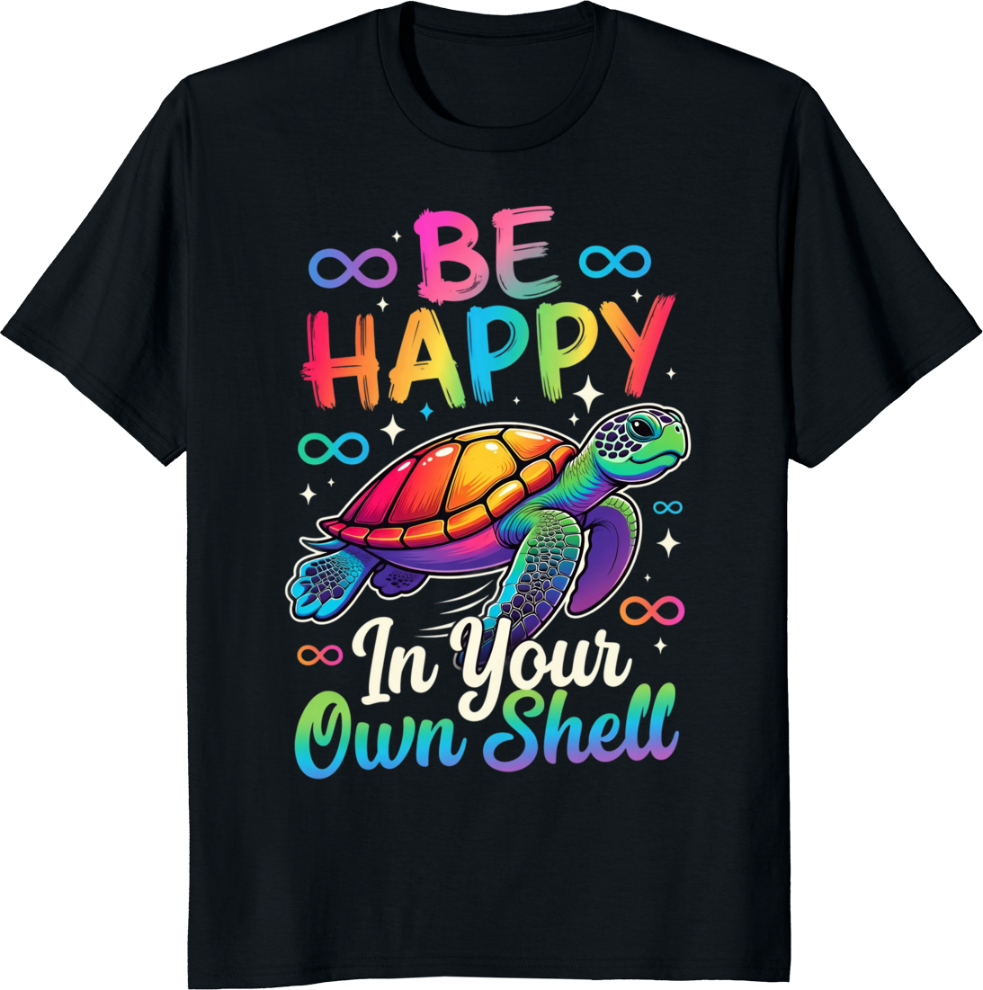 Rainbow autism awareness turtle graphic on a white t-shirt - black