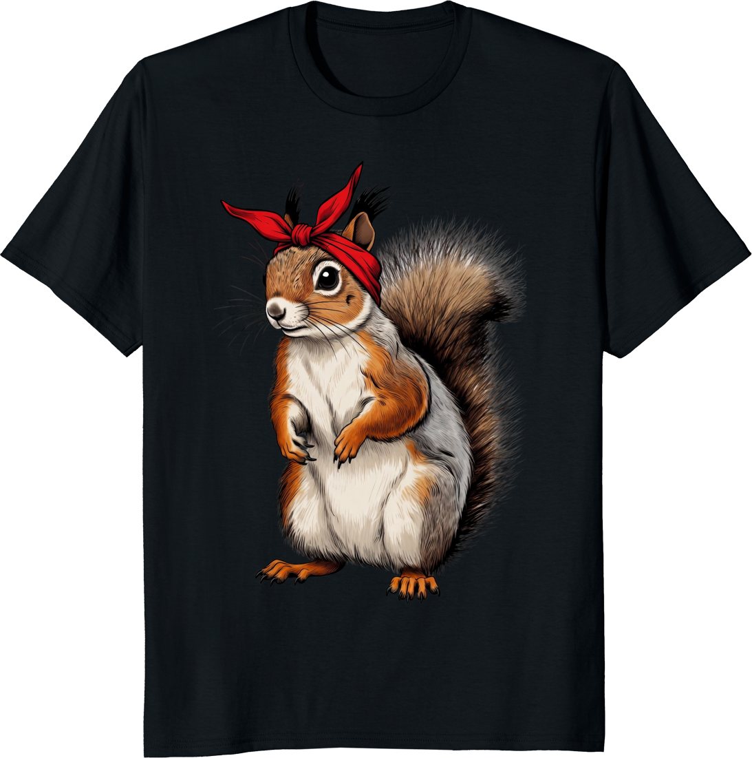 Funny squirrel wearing a red bow bandana on a t-shirt. - black