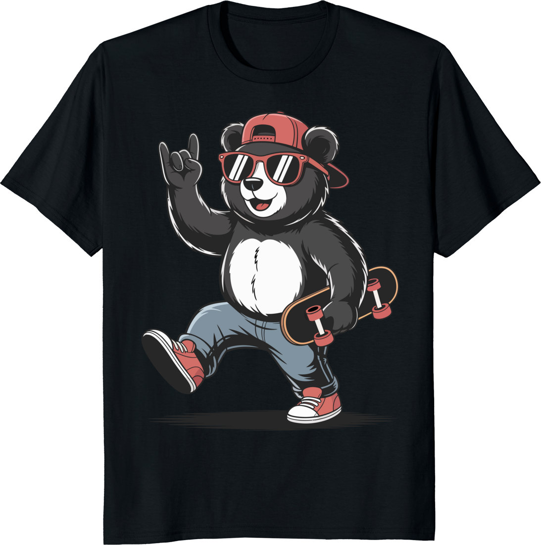 Funny bear skateboarding t-shirt with bear riding a skateboard on a vibrant background - black