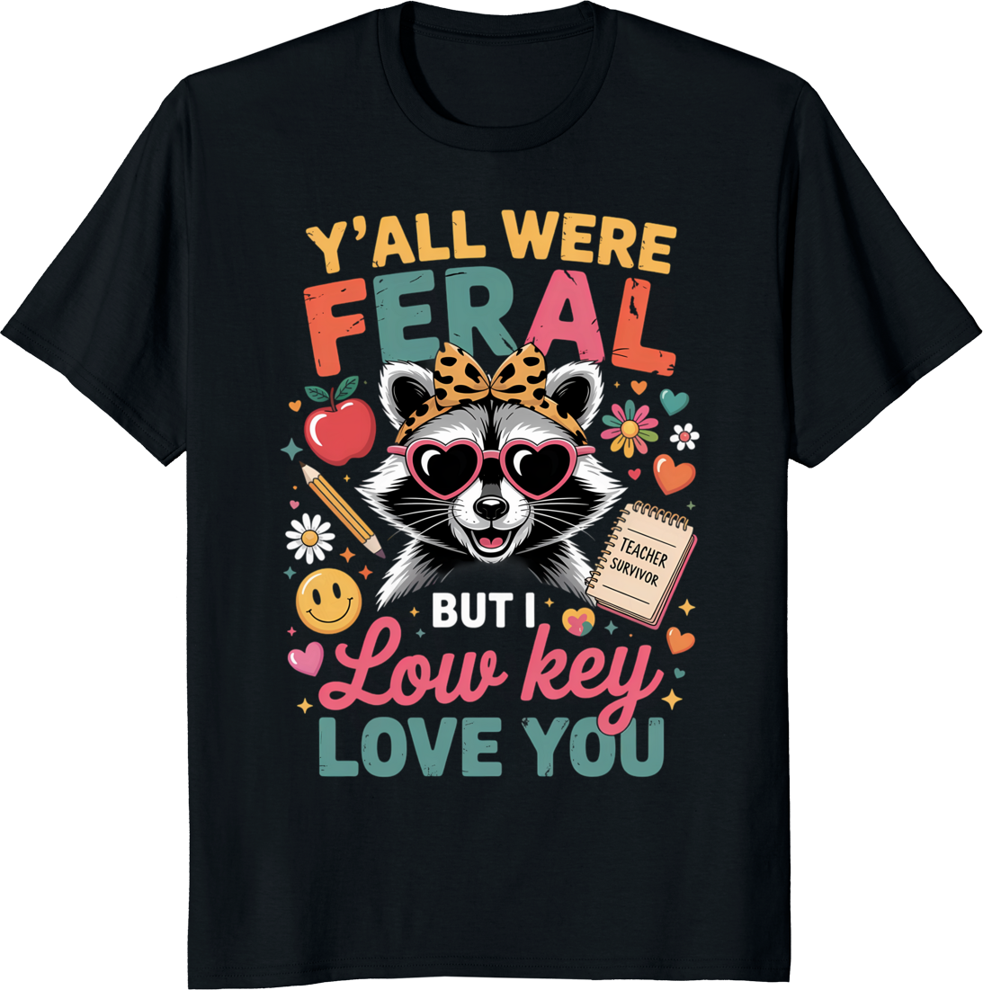 Raccoon Teacher T-Shirt with a raccoon wearing a teacher badge - black