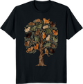Cosmic cat perched on a world tree illustrated on a T‑shirt - black