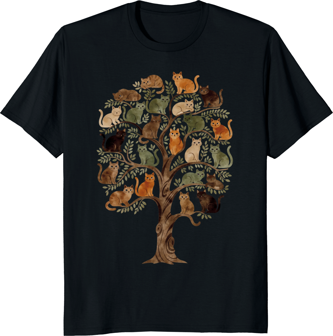 Cosmic cat perched on a world tree illustrated on a T‑shirt - black