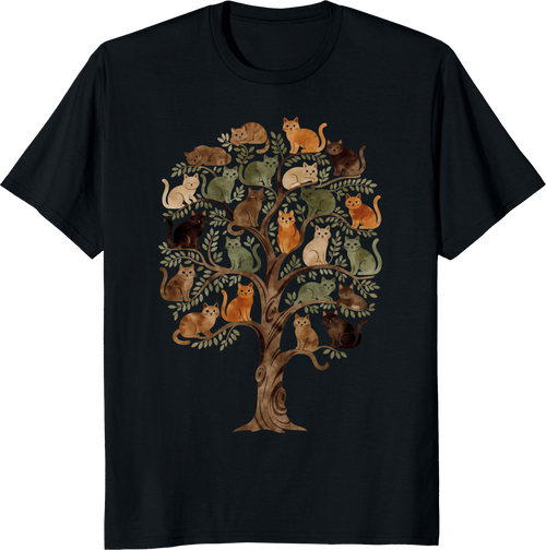 Cosmic cat perched on a world tree illustrated on a T‑shirt - black