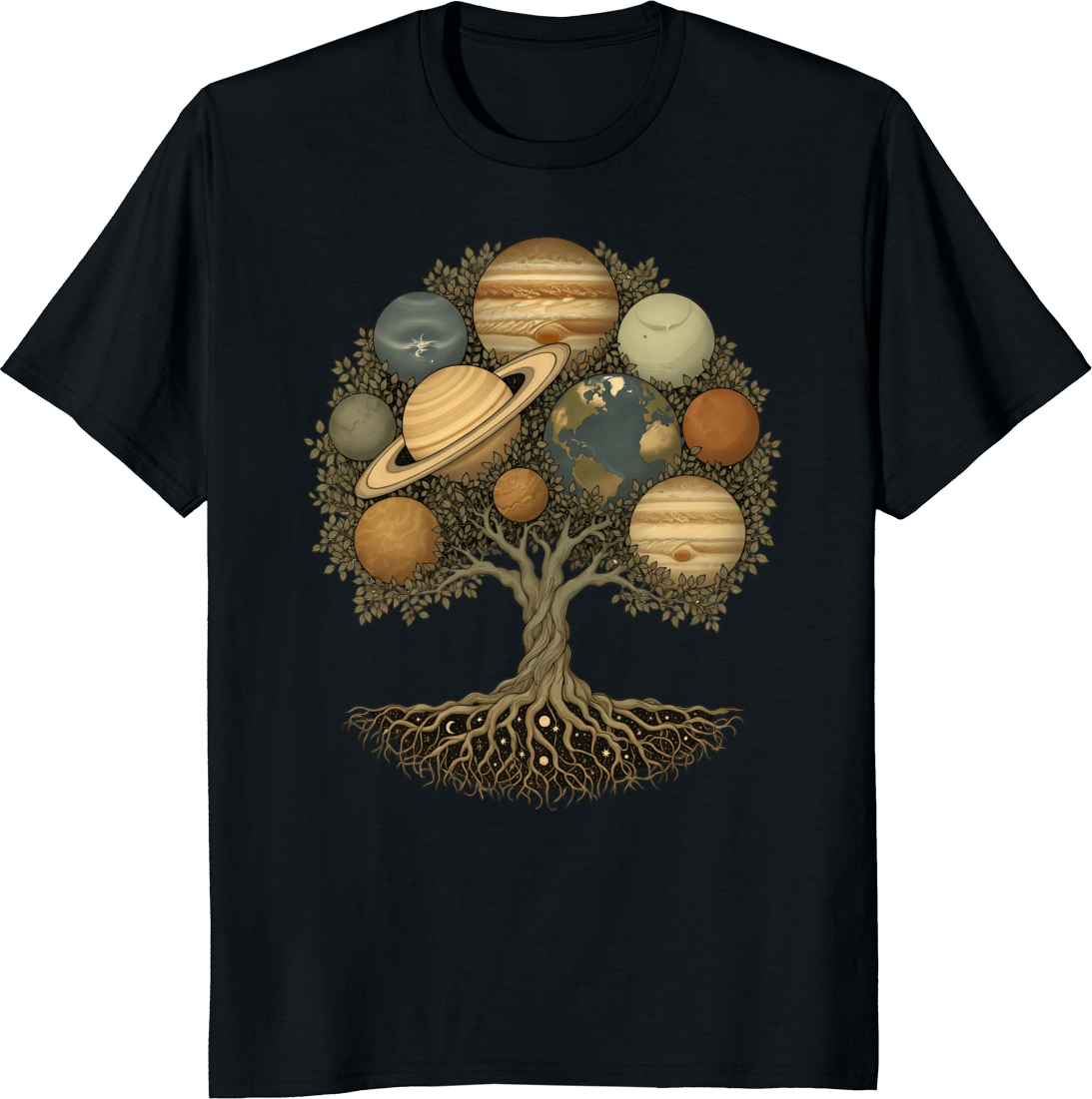 Vintage Celestial World Tree Solar System T-Shirt design featuring a tree with planets - black