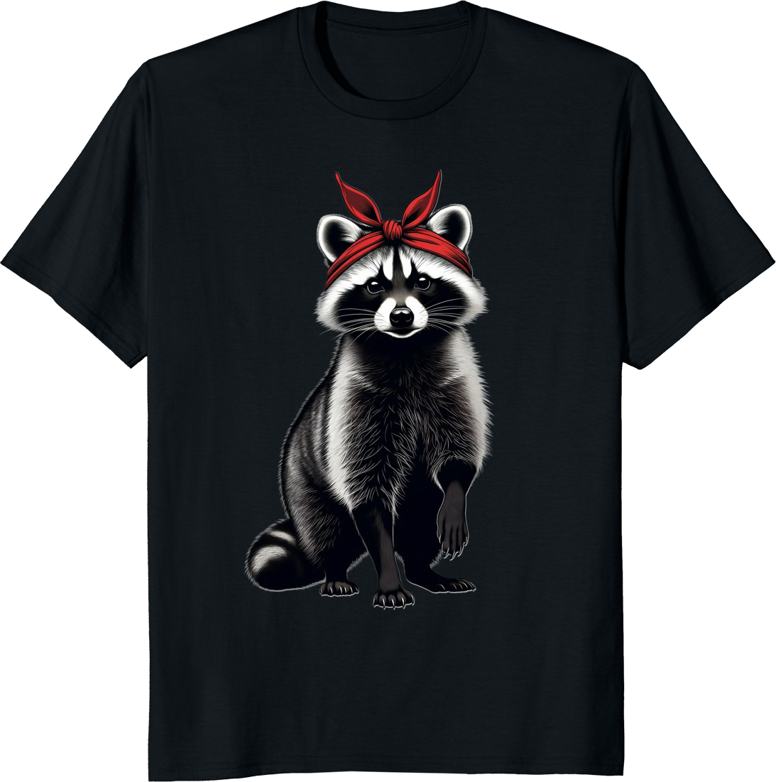 Raccoon mom wearing a red bow bandana on a t-shirt - black