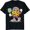 Funny pickleball ball ice cream with paddle retro cartoon T-shirt design - black