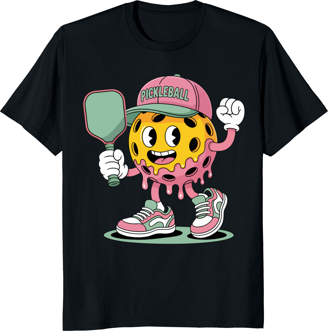 Funny pickleball ball ice cream with paddle retro cartoon T-shirt design - black