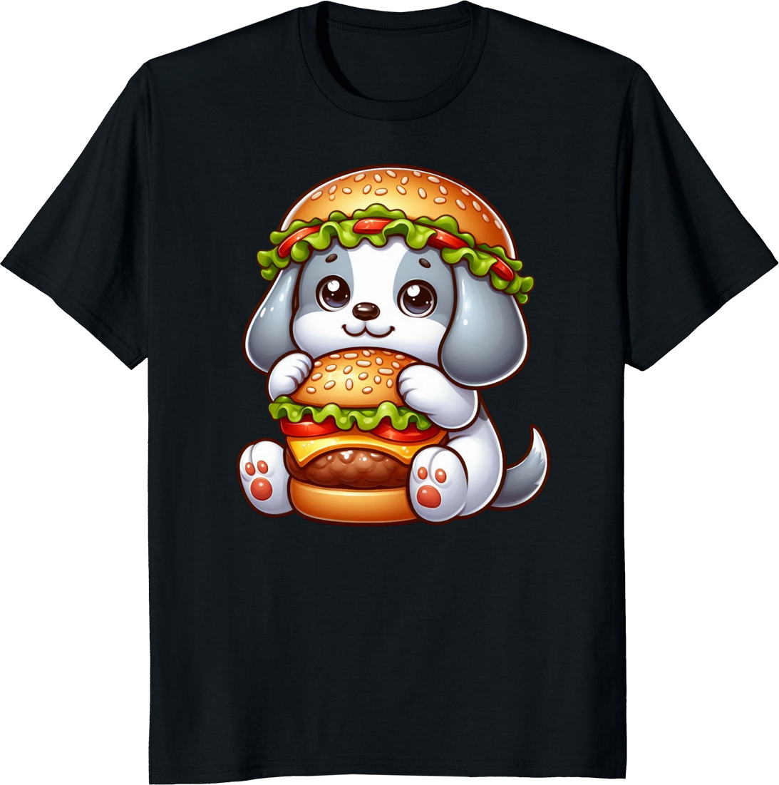 Cute dog eating a cheeseburger on a t-shirt - black
