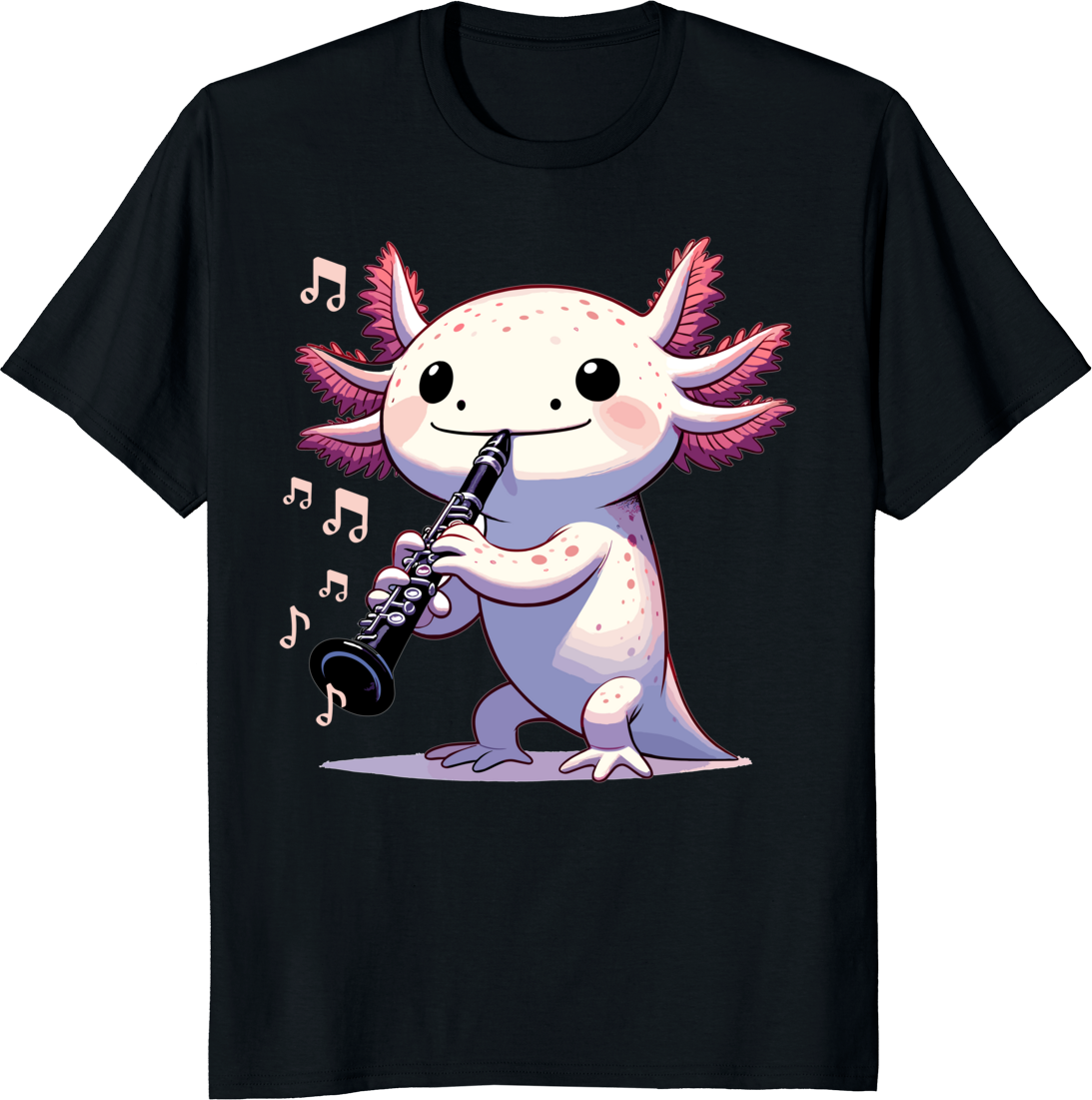 Cute pink kawaii axolotl playing clarinet t-shirt design - black