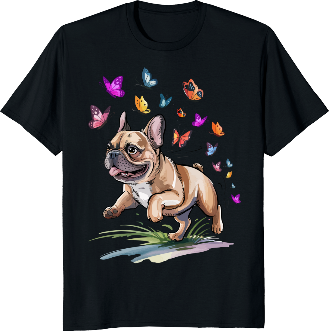 Funny French Bulldog wearing butterflies t-shirt design - black