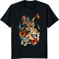 Funny cat with butterflies retro graphic on a t-shirt - black