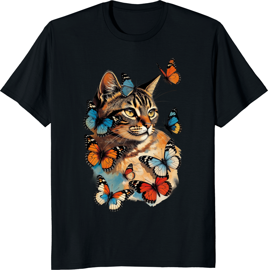 Funny cat with butterflies retro graphic on a t-shirt - black