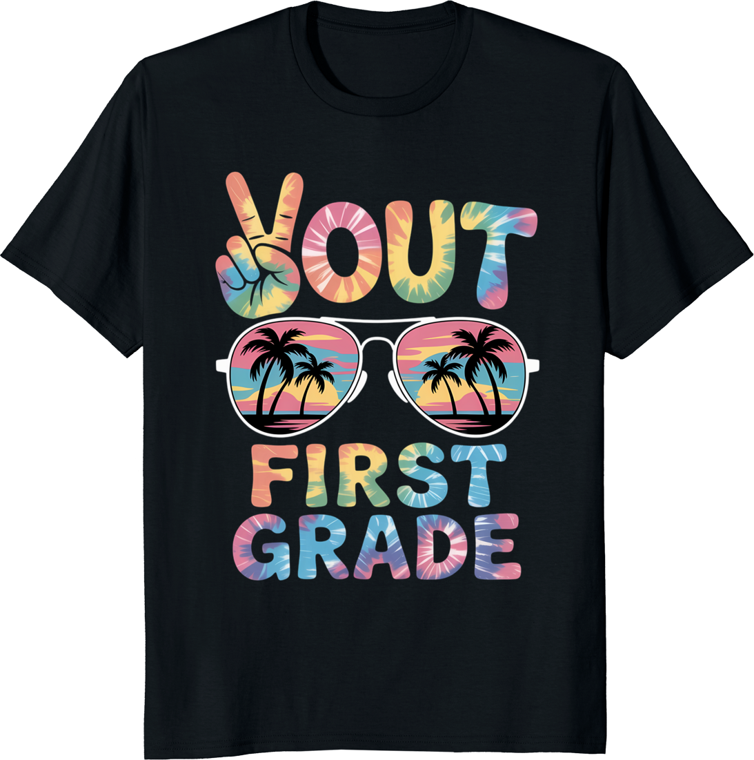 Retro tie‑dy t‑shirt design celebrating last day of first grade school - black