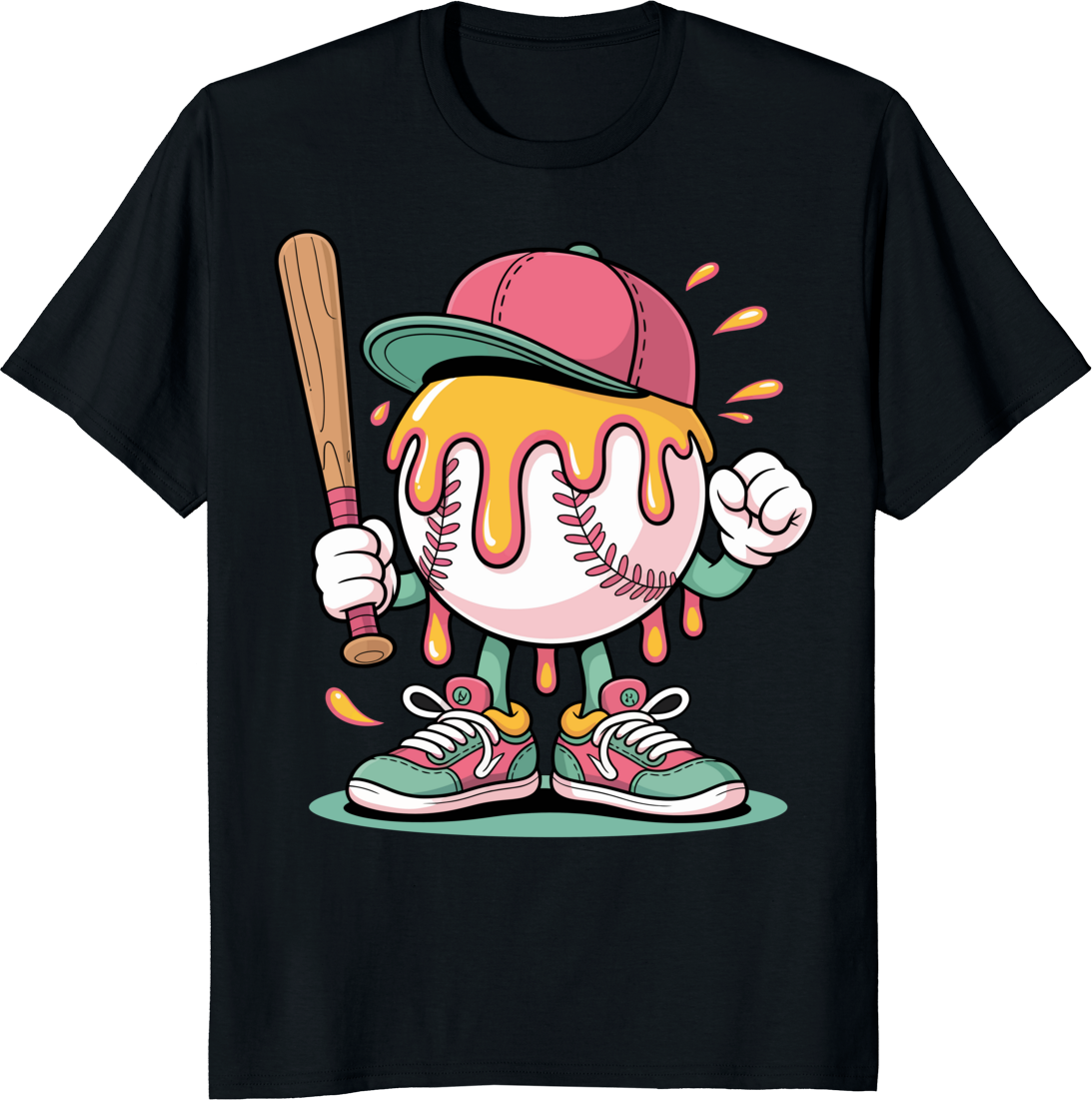 Funny ice cream drip baseball t-shirt design with baseball spots - black