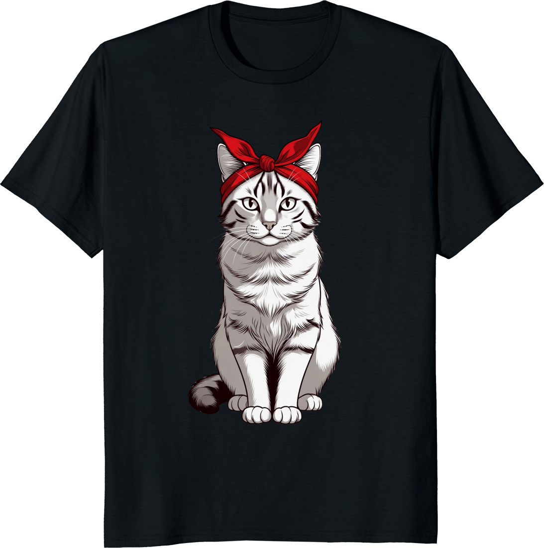 Funny cat wearing a bow bandana on a t-shirt - black